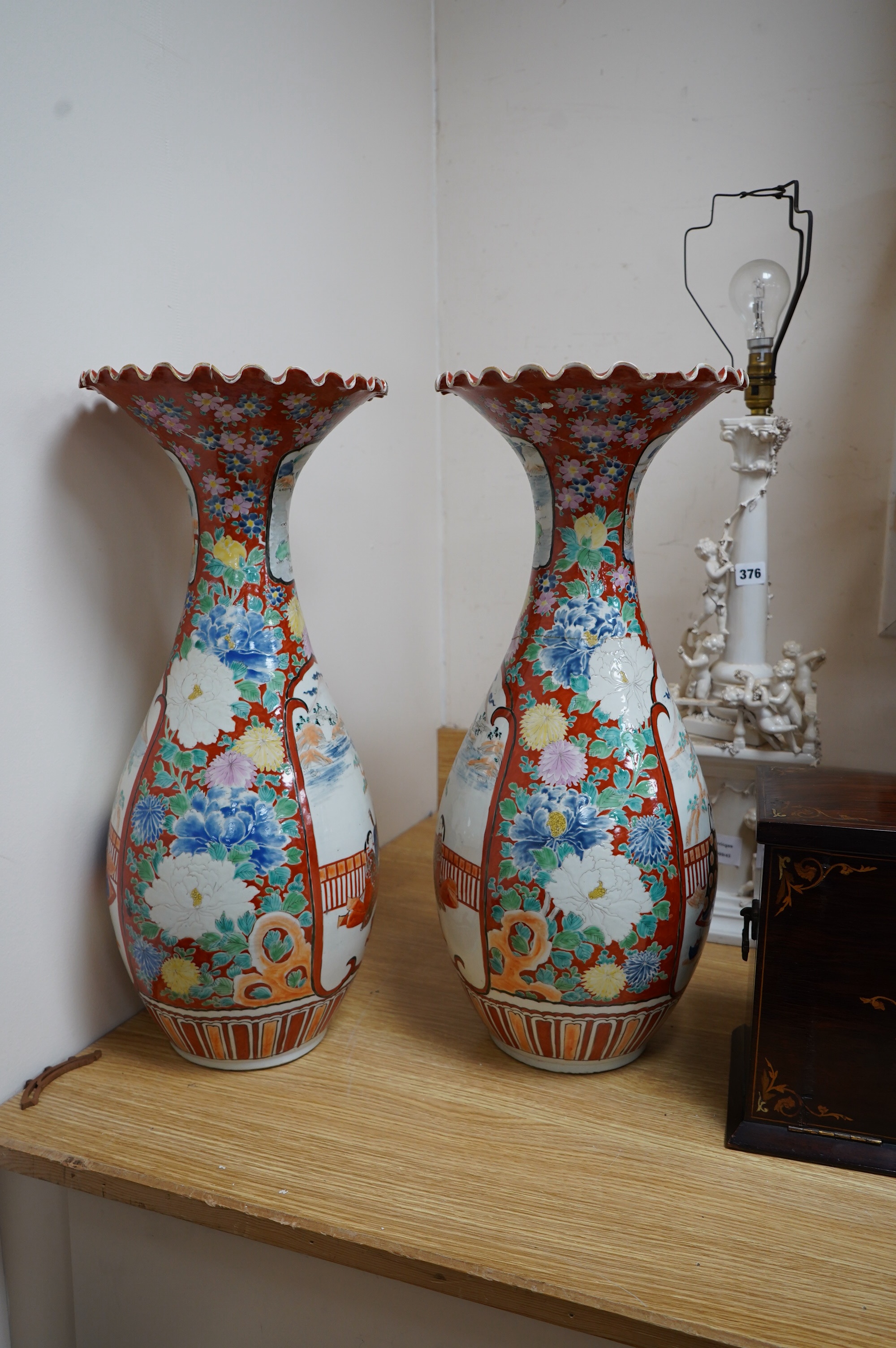 A pair of Japanese Kutani vases, Meiji period, 55.5cm. Condition - poor